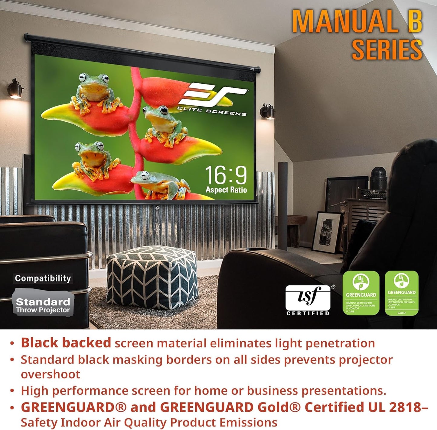 Elite Screens Manual B, 120-INCH 4:3, Manual Pull Down Projector Screen 4K / 8K Ultra HDR 3D Ready with Slow Retract Mechanism, 2-YEAR WARRANTY, M120V