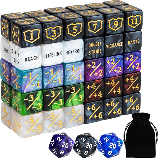 63 Pieces Abilities Keyword Counter Dice Bulk MTG Dice Counters Set Magic Plus 1 Life Buff Tokens for MTG, TCG, Card Gaming Accessories