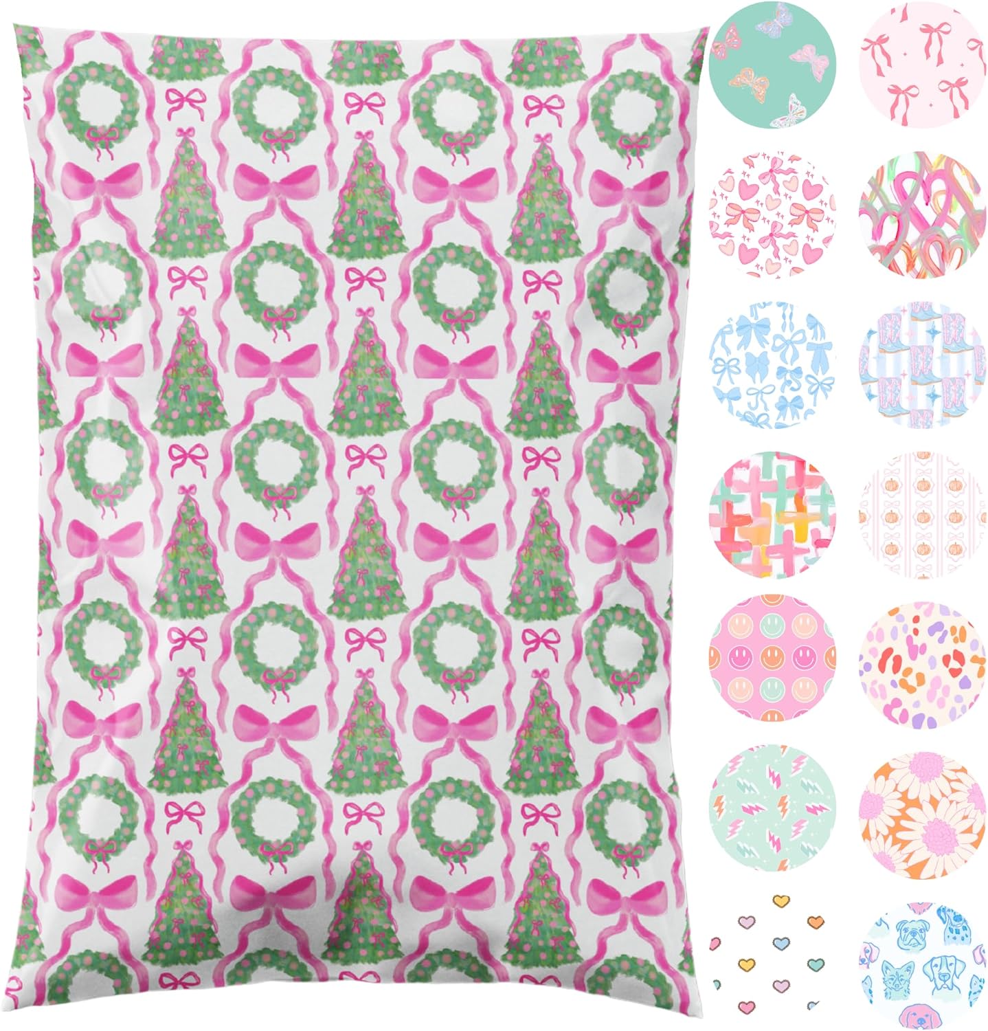 10x13 Designer Poly Mailer 100 Pack Heavy Duty Waterproof Self Seal Shipping Bags for Small Business Large Mailing Envelopes Bulk Tear Resistant Packaging Coquette Christmas Holiday Bows