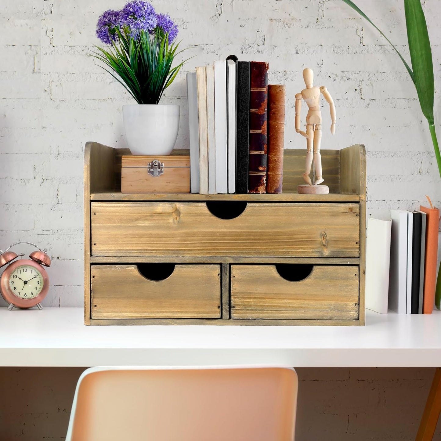 Besti Wooden Office Desk Organizer - Organizing Tool for Desktop, Cubicle, Bedroom, Kitchen - Vintage Style Organization Caddy with Top Tray Shelf & 3 Drawers - 13.6x9x7 Inches (Rustic Burnt)