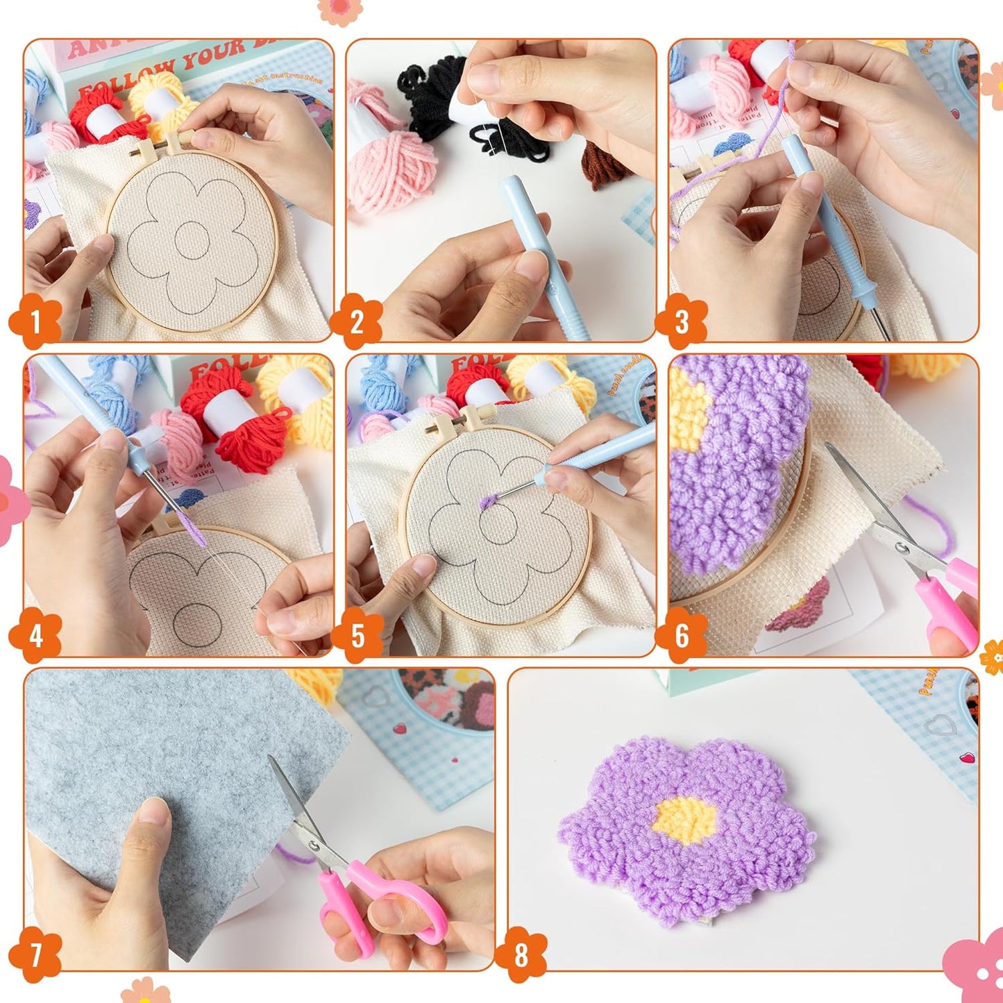 WATINC Flower Punch Needle Coaster Kit - 22Pcs Crafts Punch Needle Coasters Kits for Beginners, Flower Patterns Tufted Rug Pads with Adhesive Felt Yarns Embroidery Hoop Instruction