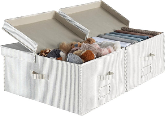 StorageWorks Extra Large Storage Bins with Lids, 55L Decorative Organizer with Divider Board, Fabric Boxes with Handles, Khaki and Beige Stripes, 2-Pack