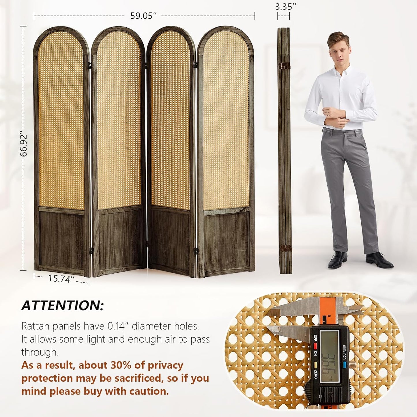 4 Panel Room Divider and Folding Privacy Screen, 5.6 Ft Foldable Double Hinged Rattan Partition, Hand-Woven Rattan Room Divider Portable Wood Freestanding Wall Divider for Room Separation - Brown