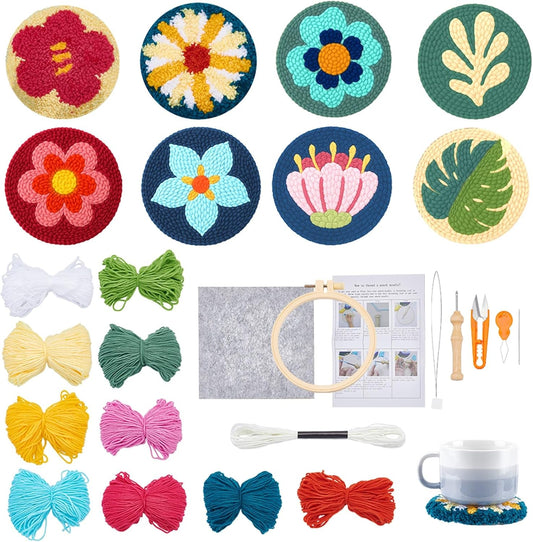 GLASSWINDS 8 Pcs Punch Needle Kit for Adults Beginners Flower Punch Needle Coaster Kit Rug Tufting DIY Embroidery Kits Art Craft Supplie with Stamped Fabric, Hoops, Yarns and Sewing Needles