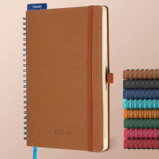 Planner 2025-2026 Daily Weekly and Monthly,8.5"x6.5",18 Months Spiral Bound Calendar Agenda with Self-adhesive Pen Holder,2026 Academic Plan with Vegan Leather Soft Cover,Brown