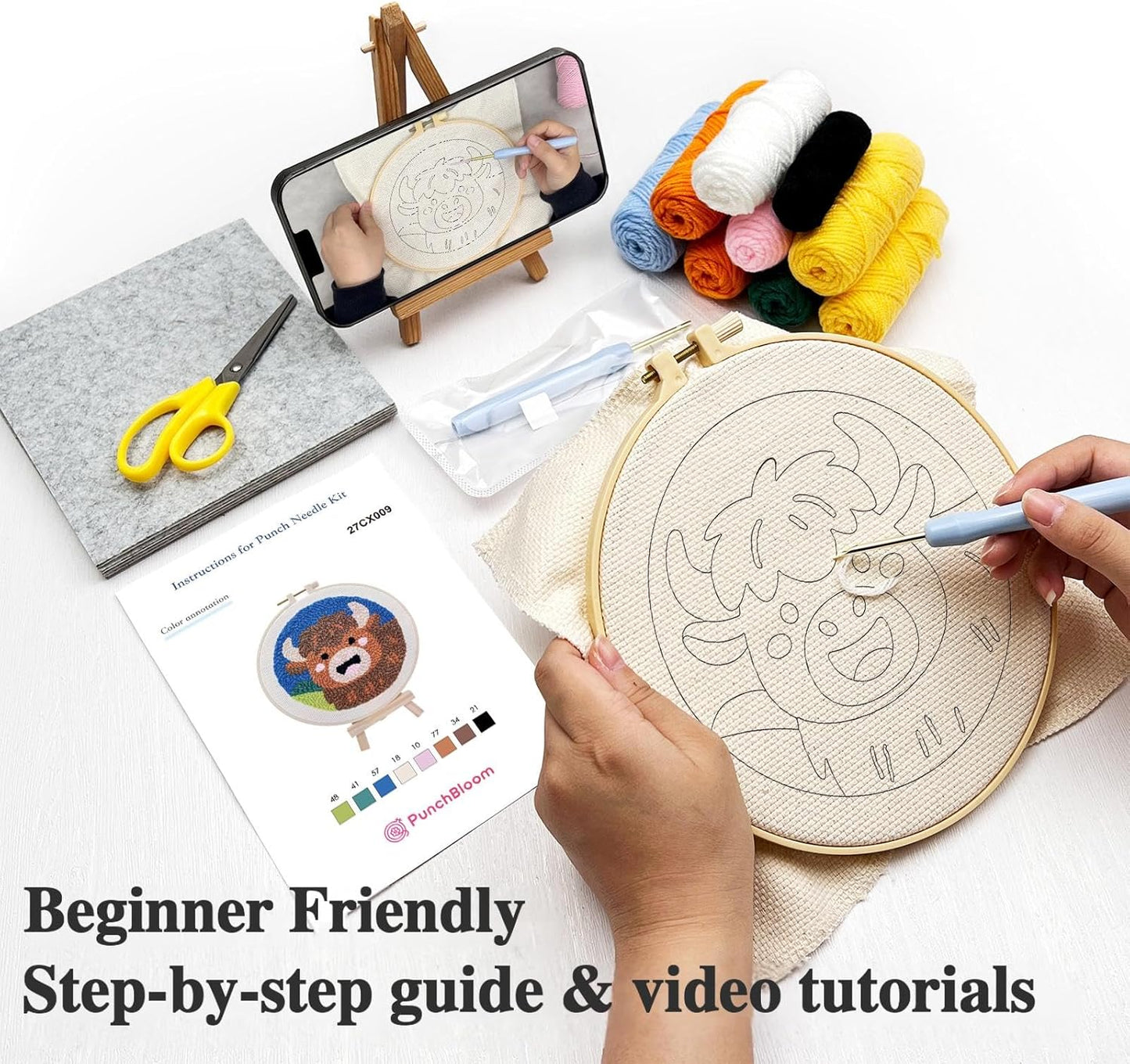 Punch Needle Kit for Adult Beginner, 2Pcs Horse & Highland Cow Punch Embroidery Starter Kit – Easy Yarn Stitch Set with Instructions – Fun Needle Point Craft for Home Decor &Gift Idea