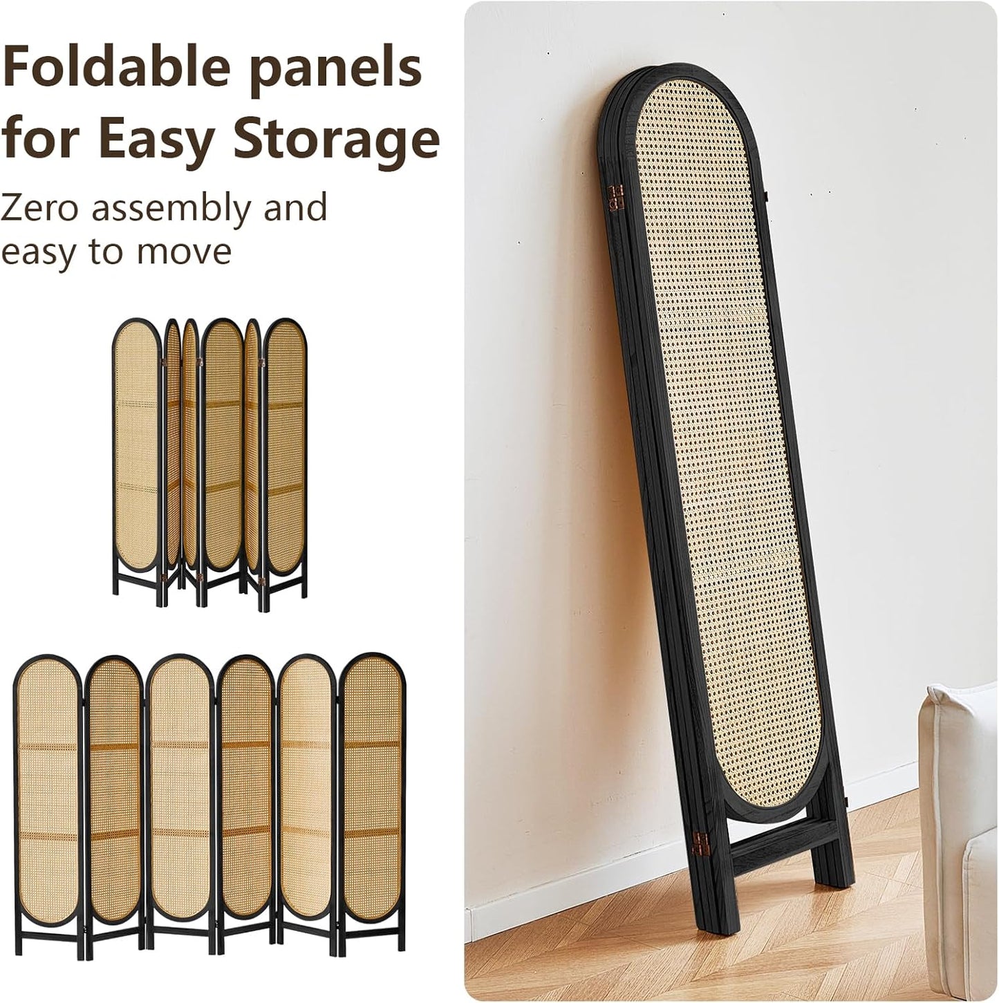 6 Panels Room Dividers and Hand-Woven Rattan Room Divider Wall, Wood Room Divider Folding Privacy Screens for Home Office Bedroom, Black