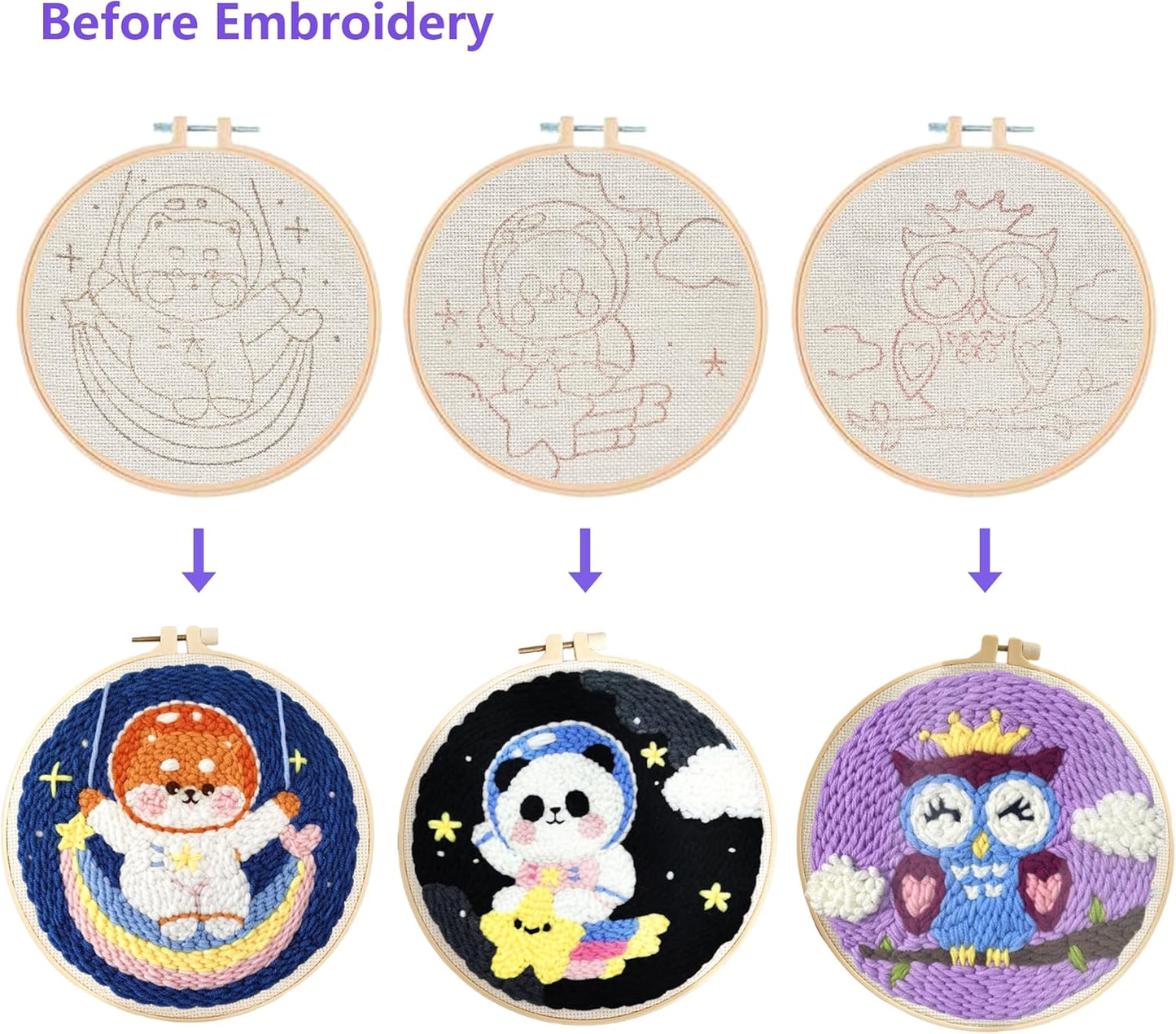 Orbflair 3 Sets Punch Needle Kits for Adults Beginners, Flowers Punch Embroidery Kits with Punch Needle Fabric, Hoops, Yarns and Sewing Needles