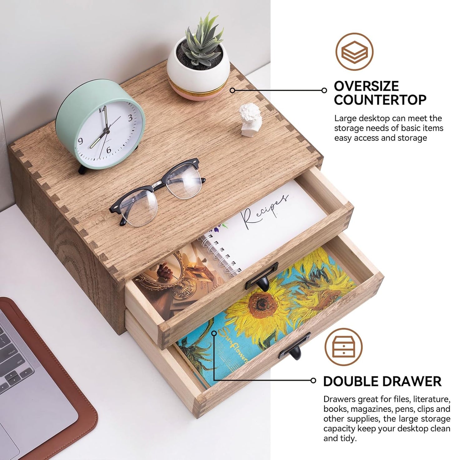 Kirigen Drak Wooden Office Storage Drawers Shallow Type - Desktop Filing Organization for Machine Printer Stand (BR, 2-Layer&2 Drawers)