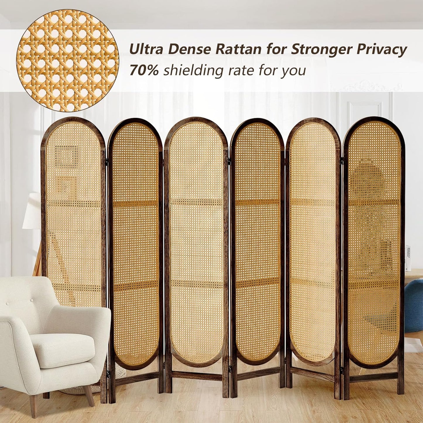 6 Panels Room Dividers and Hand-Woven Rattan Room Divider Wall, Wood Room Divider Folding Privacy Screens for Home Office Bedroom, Brown