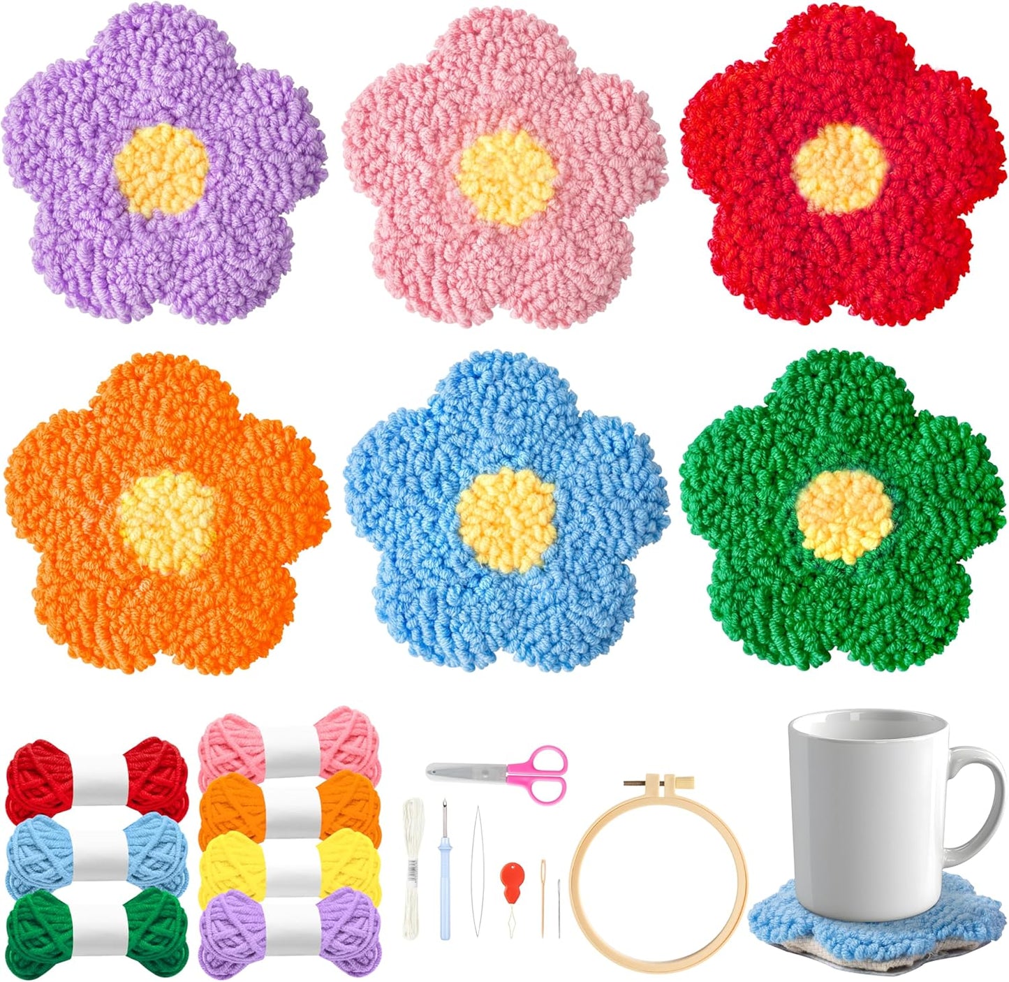 WATINC Flower Punch Needle Coaster Kit - 22Pcs Crafts Punch Needle Coasters Kits for Beginners, Flower Patterns Tufted Rug Pads with Adhesive Felt Yarns Embroidery Hoop Instruction