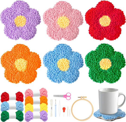 WATINC Flower Punch Needle Coaster Kit - 22Pcs Crafts Punch Needle Coasters Kits for Beginners, Flower Patterns Tufted Rug Pads with Adhesive Felt Yarns Embroidery Hoop Instruction