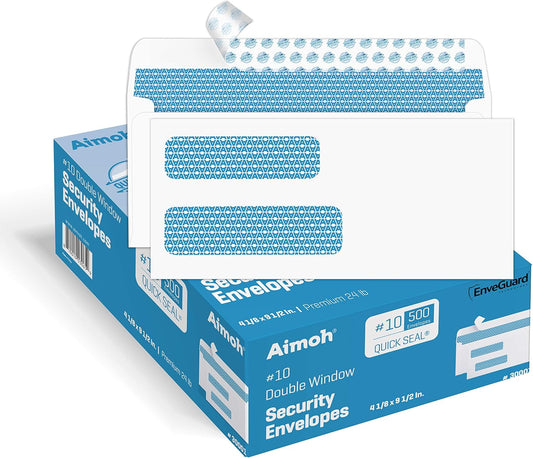 Aimoh 500 Count #10 Double Window Self Seal Security Envelopes - for Invoices, Statements & Business Mailings, Security Tinted - EnveGuard, Size 4-1/8 x 9-1/2 -White -24 LB(30001)