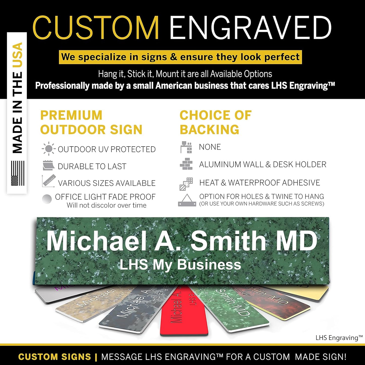 Engraved Name Plates for Door Sign Personalized Green Marble Plastic Plaque with White Letters - Made in USA 2x8 S4