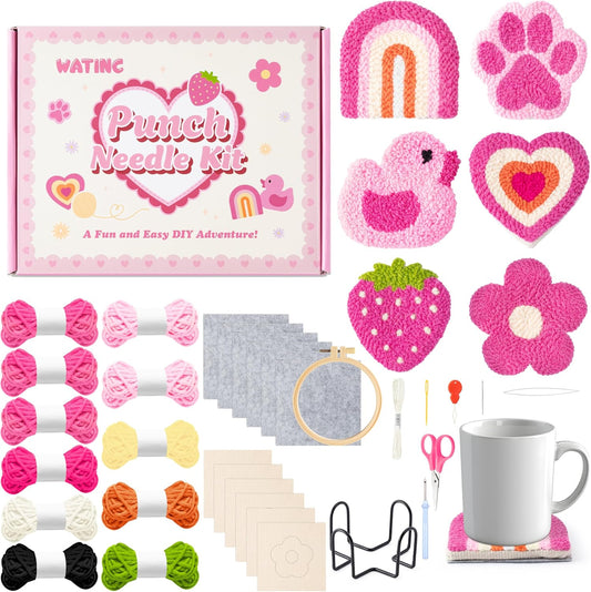 WATINC Punch Needle Coaster Kits - 23Pcs Easy Art Work Decor Craft Supply for Beginners, DIY Set of 6 Unique Pattern Tufted Pads with Adhesive Felt Yarns Tools Instruction Customized Boxes (Pink)