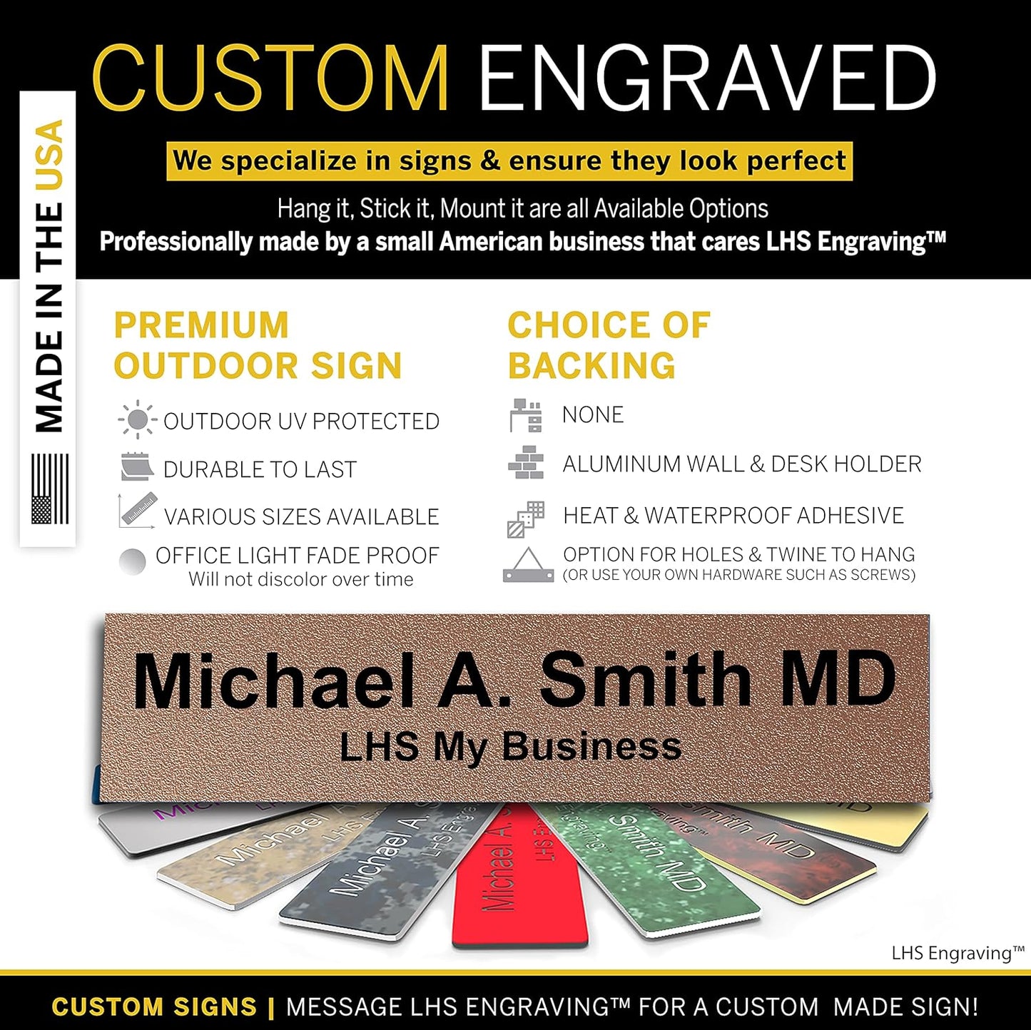 Engraved Name Plates for Door Sign Personalized Textured Copper Plastic Plaque with Black Letters - Made in USA 2x12 M2