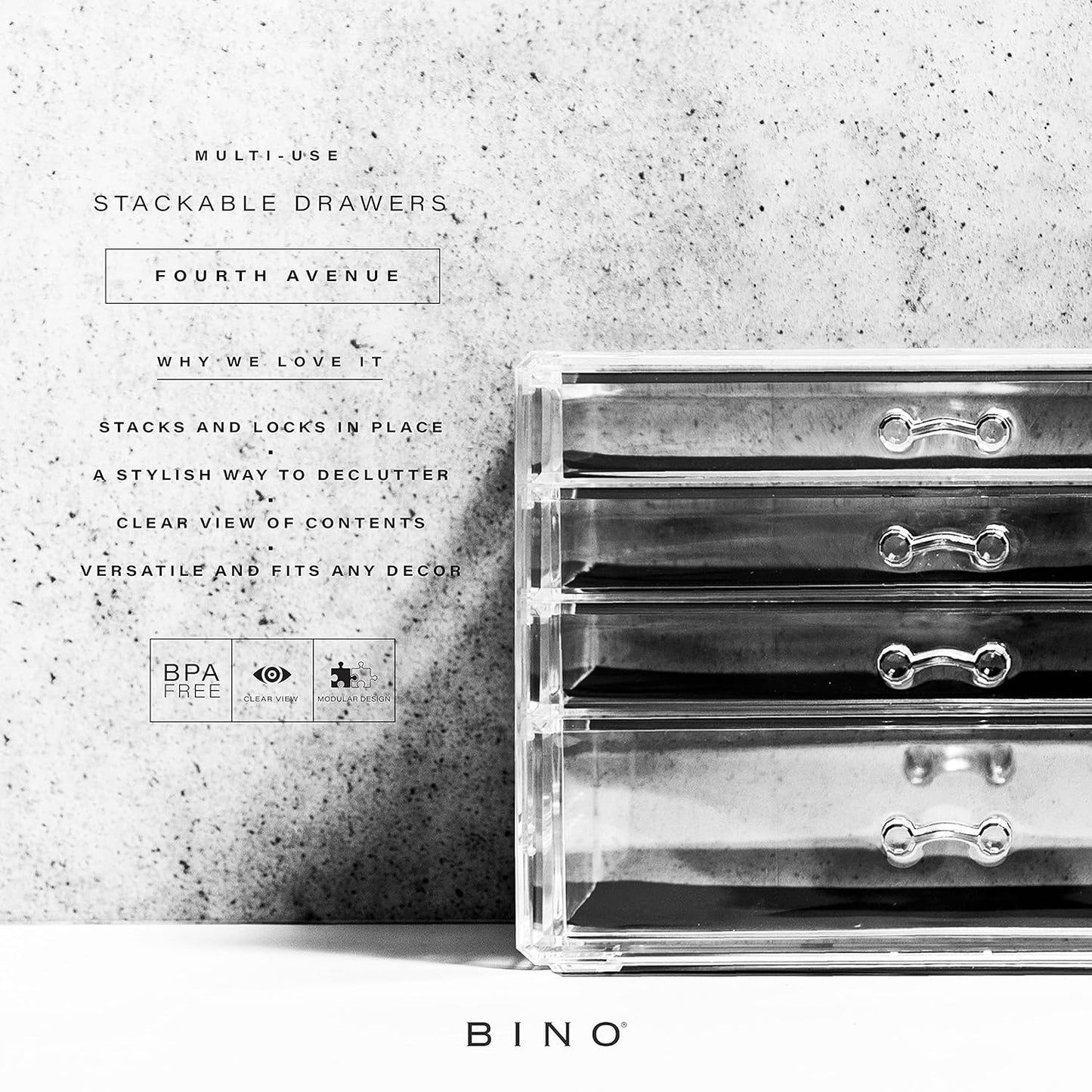 BINO THE MANHATTAN SERIES Acrylic Makeup Drawer Organizer- 4 Drawers | Clear Beauty Organizers and Storage| Cosmetic & Drawer| Home Organization| Jewelry Vanity Accessories