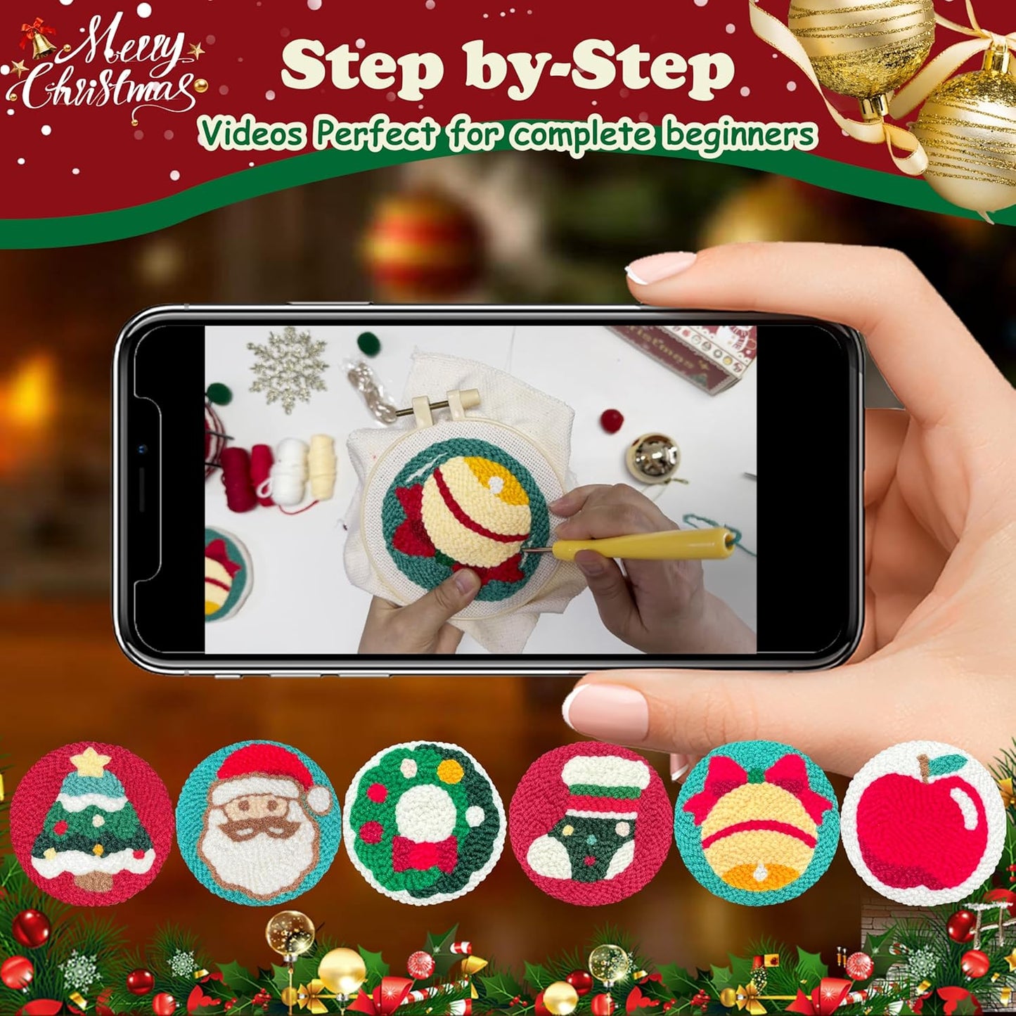 Rivnsong Christmas Punch Needle Kit – DIY Embroidery Set for Beginners to Make 6 Festive Coasters with Hoop, Monk’s Cloth, Tools and Yarn – Holiday Gift for Adults and Kids 8+