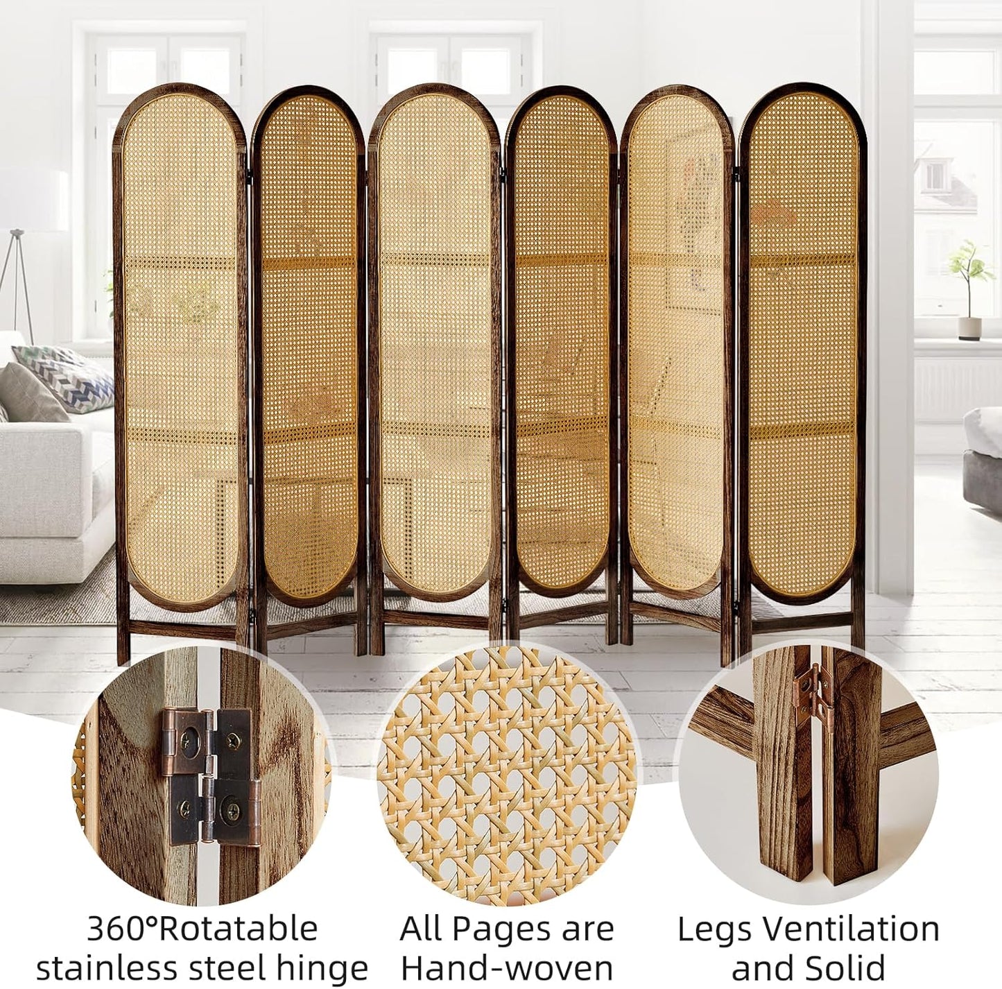 6 Panels Room Dividers and Hand-Woven Rattan Room Divider Wall, Wood Room Divider Folding Privacy Screens for Home Office Bedroom, Brown