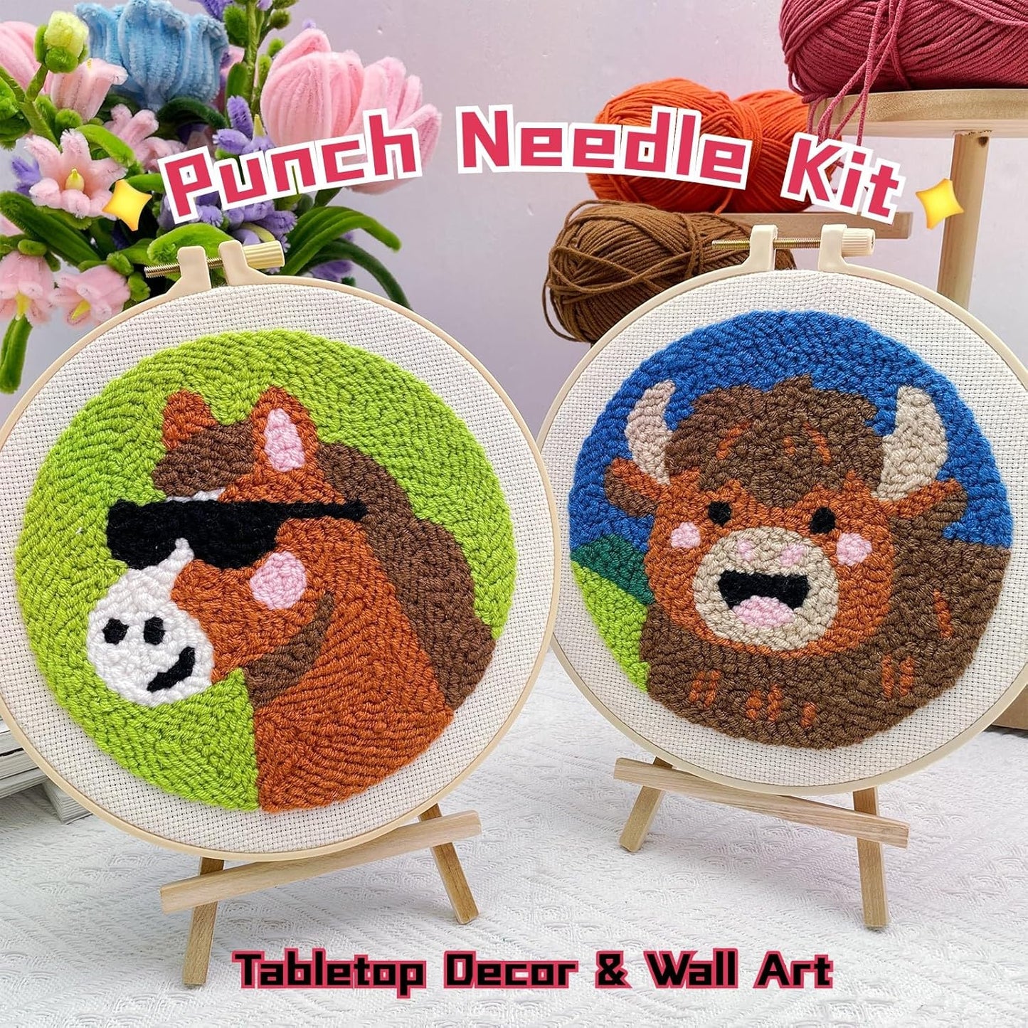 Punch Needle Kit for Adult Beginner, 2Pcs Horse & Highland Cow Punch Embroidery Starter Kit – Easy Yarn Stitch Set with Instructions – Fun Needle Point Craft for Home Decor &Gift Idea