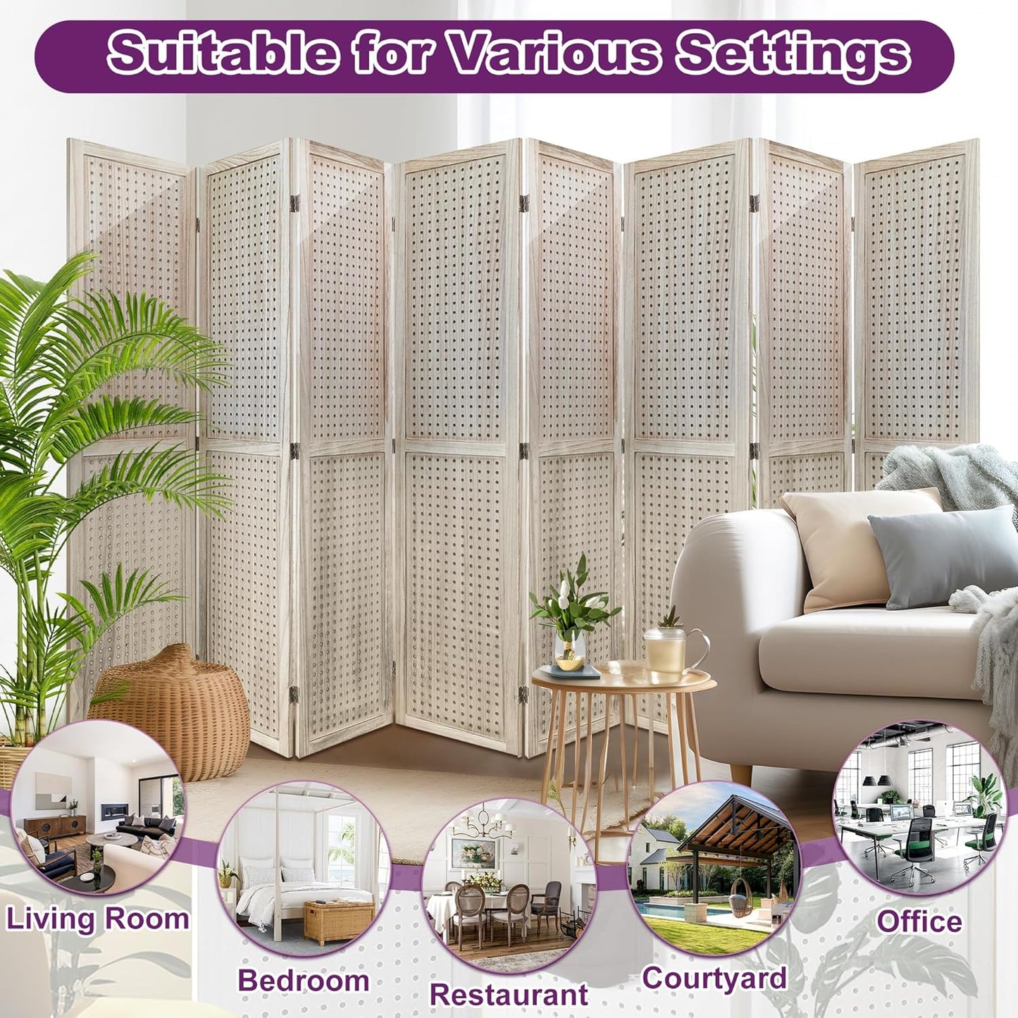 Room Divider, 5.6FT Folding Room Divider Panel, 8 Panel Pegboard Display Wood Partition Wall Divider for Room Separation& Craft Shows, Natural Wood