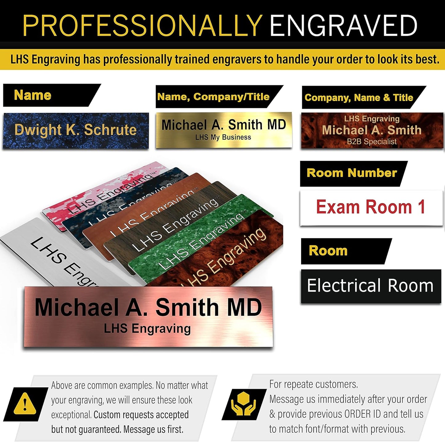 Engraved Name Plates for Door Sign Personalized Textured Copper Plastic Plaque with Black Letters - Made in USA 2x8 M2