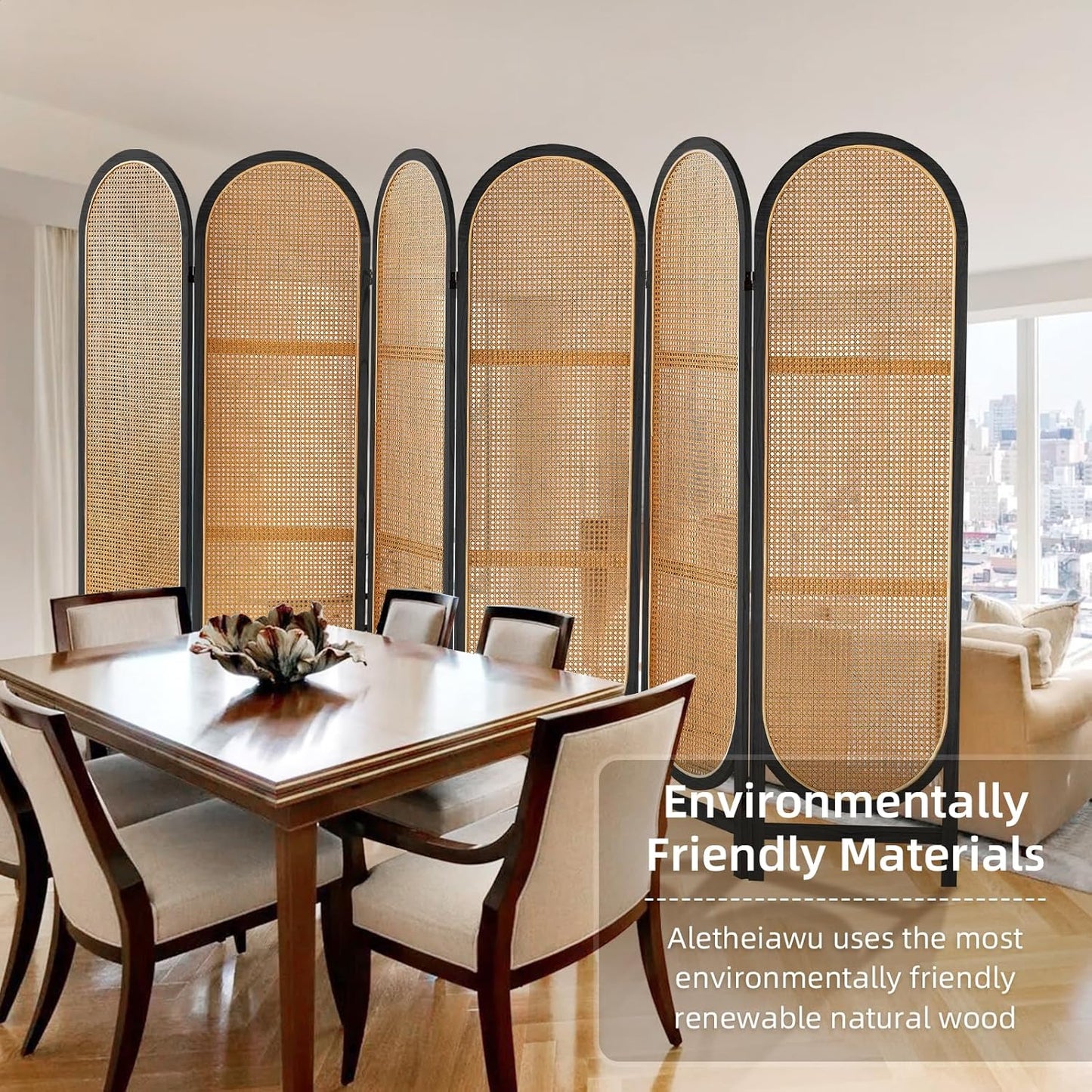 5.9 Ft Tall Rattan Room Divider 6 Panels, Wood Room Divider Panel, Folding Screen Divider Wall, Folding Privacy Screen, Portable Wall Divider for Room Separation Home Office - Black