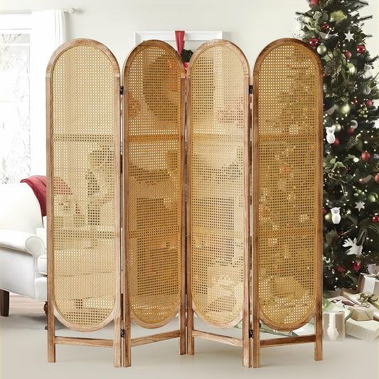 4 Panel Room Divider 5.6 Ft Hand-Woven Rattan Room Divider Screen, Foldable Wood Folding Privacy Screens with Double Hinges, Wall Divider for Room Separation Bedroom Home Office - Natural