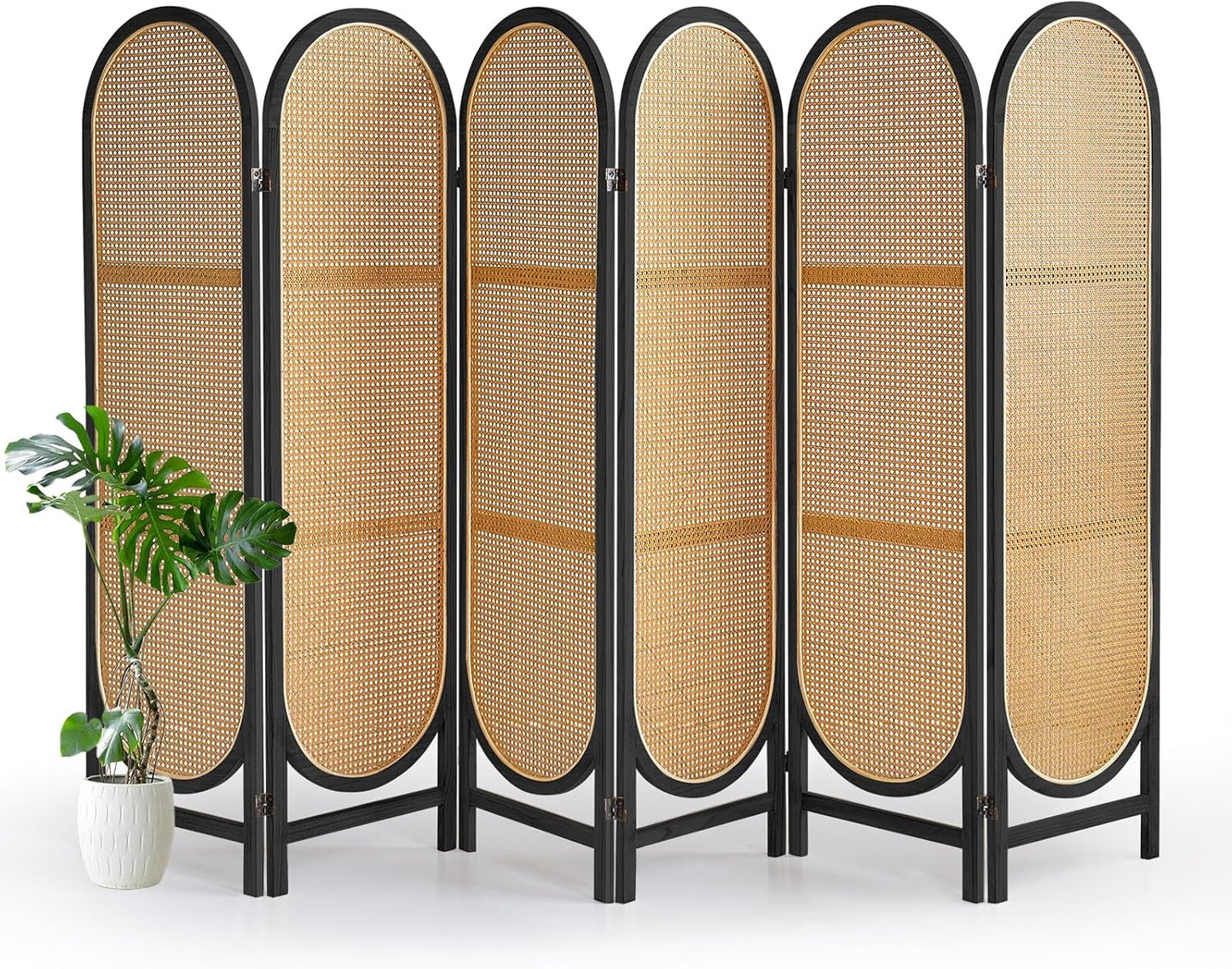 5.9 Ft Tall Rattan Room Divider 6 Panels, Wood Room Divider Panel, Folding Screen Divider Wall, Folding Privacy Screen, Portable Wall Divider for Room Separation Home Office - Black